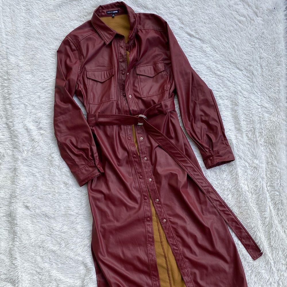 Fashion Nova Red long faux leather coat
